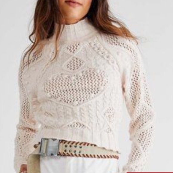 Free People Reina Cable Pullover / Powder Puff Cream Sweater size XL - Picture 1 of 7